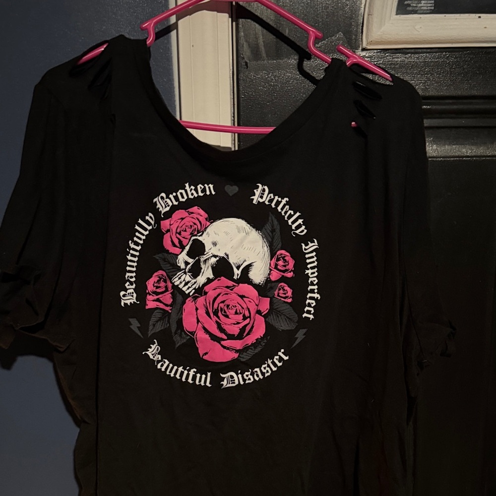 Beautiful Disaster Black Tee with Pink Rose Design